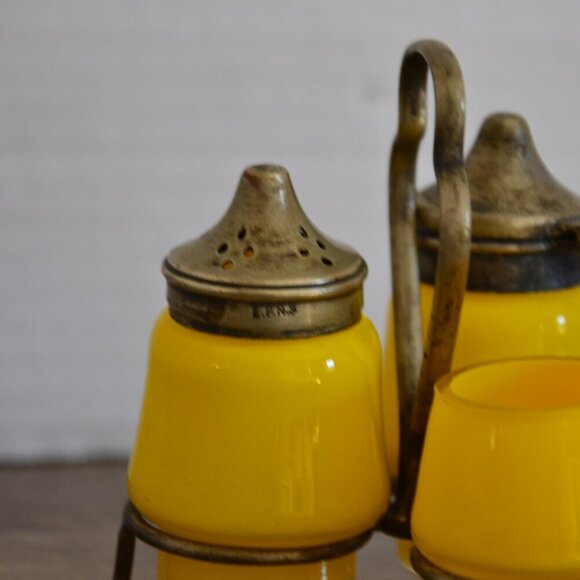 Vtg Yellow Glass Condiment Set in Metal Stand - Picture 3 of 11